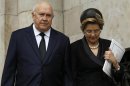 Former South African President F.W. de Klerk and wife Elita leave after attending the funeral service of former British prime minister Margaret Thatcher at St Paul's Cathedral, in London