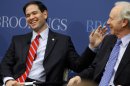 Senate Foreign Relations Committee member Sen. Marco Rubio, R-Fla., left, jokes with Sen. Joseph Lieberman, I-Conn., before Rubio spoke about foreign policy at the Brookings Institution, in Washington, Wednesday, April 25, 2012. (AP Photo/Jacquelyn Martin)