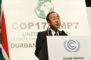 El secretario general de las Naciones Unidas, Ban Ki-moon, durante la XVII Cumbre de la ONU sobre Cambio Climático (COP17), en Durban, Sudáfrica, en diciembre de 2011. EFE/Archivo
