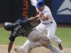 New York Mets' Daniel Murphy, right, attempts to tag out Atlanta Braves' Jose Constanza (17) who steals second base during the seventh inning of a baseball game on Sunday, Aug. 7, 2011, at Citi Field in New York. Murphy was injured on the play. (AP Photo/Frank Franklin)