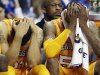 Tennessee guards Jordan McRae, right, and Quinton Chievous react after Alabama defeated Tennessee in an NCAA college basketball game at the Southeastern Conference tournament on Friday, March 15, 2013, in Nashville, Tenn. Alabama won 58-48. (AP Photo/John Bazemore)