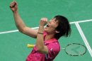 Wan Ho Shon of Korea reacts after defeating Malaysian badminton player Lee Chong Wei