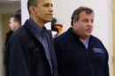 President Barack Obama and New Jersey Gov. Chris Christie visit the Brigantine Beach Community Center to meet with local residents, Wednesday, Oct. 31, 2012, in Brigantine, NJ. Obama traveled to Atlantic Coast to see first-hand the relief efforts after Superstorm Sandy damage the Atlantic Coast. (AP Photo/Pablo Martinez Monsivais)