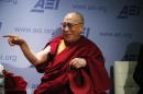 Tibetan spiritual leader the Dalai Lama speaks at an event titled "Happiness, Free Enterprise, and Human Flourishing" at the American Enterprise Institute in Washington, Thursday, Feb. 20, 2014. (AP Photo/Charles Dharapak)