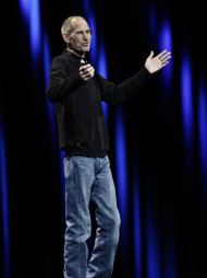 Apple CEO Steve Jobs gestures during a keynote address to the Apple Worldwide Developers Conference in San Francisco, Monday, June 6, 2011.