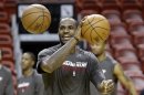 Miami Heat's LeBron James goes through drills during NBA basketball practice, Wednesday, June 5, 2013 in Miami. The Heat play the San Antonio Spurs in Game 1 of the NBA Finals Thursday