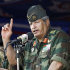 In this photo taken Wednesday, July 6, 2011, rebel forces chief commander Abdel Fattah Younes speaks during a rally in the rebel-held city of Benghazi, Libya. Rebel military spokesman Mohammed al-Rijali said the commander, Abdel Fattah Younes, was taken from his operations room near the front to the main rebel stronghold, the eastern city of Benghazi, for interrogation. In a separate development, the rebels said they had detained their own top military commander for questioning on suspicion his family might still have ties to regime.  (AP Photo/Sergey Ponomarev)
