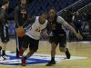 The Toronto Raptor's Sonny Weems and DeMar DeRozan participate in a basketball practice session ahead of their NBA game against the New Jersey Nets at the O2 Stadium in London