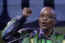 President Jacob Zuma addresses supporters at a victory rally of his ruling African National Congress (ANC) in Johannesburg