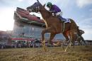 California Chrome, ridden by jockey Victor Espinoza, wins the 139th Preakness Stakes horse race at Pimlico Race Course, Saturday, May 17, 2014, in Baltimore. (AP Photo/Matt Slocum)