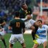 South Africa's Bryan Habana (C) catches a high ball during match against Argentina