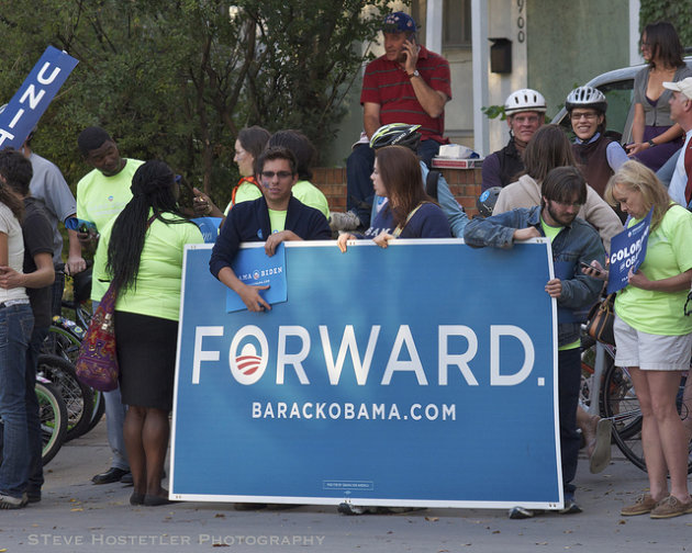 Obama supporters at the University of Denver, which hosted the first presidential debate. (Steve Hostetler)