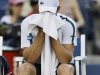 Andy Roddick reacts during a quarterfinal match against Rafael Nadal of Spain at the U.S. Open tennis tournament in New York, Friday, Sept. 9, 2011. (AP Photo/Matt Slocum)