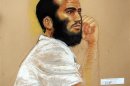 File of a courtroom sketch of Canadian defendant Khadr attending a hearing at Guantanamo Bay