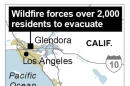 Map locates Glendora Calif., where a wildfire has forced the evacuation of over 2,000 residents and has burned at least two homes.; 1c x 2 inches; 46.5 mm x 50 mm;