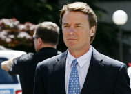 FILE - In this April 12, 2012, file photo, former presidential candidate and U.S. Sen. John Edwards arrives outside federal court following a lunch break in jury selection for his criminal trial on alleged campaign finance violations in Greensboro, N.C. Prosecutors accuse Edwards of using campaign money from wealthy donors to hide his pregnant mistress, Rielle Hunter. Andrew Young, a former aide to Edwards, testified for five days last week. He said Edwards knew the money was being spent to hide Hunter, but also acknowledged that he used much of the funds to build his North Carolina dream house. (AP Photo/Gerry Broome, File)