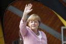 German Chancellor Merkel waves during a CDU election campaign rally in Heringsdorf at the Baltic sea