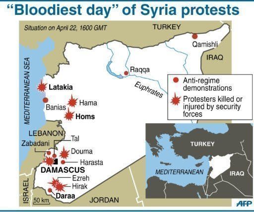 Map locating the main protests across Syria over recent weeks. At least 13 mourners were shot dead on Saturday as Syrians swarmed the streets to bury scores of demonstrators killed in massive protests and two MPs resigned in frustration at the bloodshed