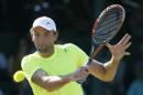 Ivo Karlovic, of Croatia, plays against Jack Sock during a Tennis Hall of Fame Championship semifinal match in Newport, R.I., Saturday, July 18, 2015. (AP Photo/Michael Dwyer)