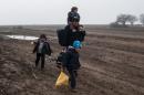 A man and his children walk through a field along with other migrants and refugees after crossing into Serbia via the Macedonian border near the village of Miratovac on January 27, 2016