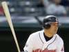 Cleveland Indians' Kosuke Fukudome hits an RBI-single off Minnesota Twins relief pitcher Jim Hoey in the sixth inning in the first baseball game of a doubleheader, Saturday, Sept. 24, 2011, in Cleveland.  Matt LaPorta scored (AP Photo/Tony Dejak)