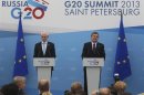 European Council President Van Rompuy and European Commission President Barroso attend a briefing at the G20 Summit in St. Petersburg