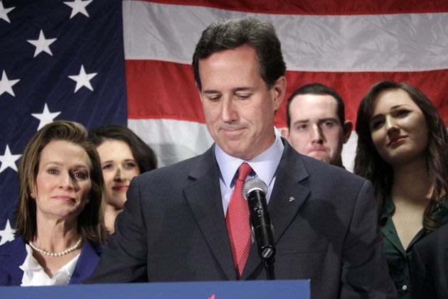 Rick Santorum tells supporters he is ending his presidential campaign. (AP Photo/Gene J. Puskar)