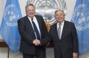 In this photo provided by the United Nations, U.N. Secretary-General Antonio Guterres, right, shakes hands with Greek Foreign Minister Nikos Kotzias at U.N. headquarters, Friday, Jan. 6, 2017. (Eskinder Debebe/The United Nations via AP)