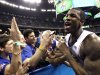 Kansas forward Thomas Robinson celebrates with fans after their 64-62 win over Ohio State during an NCAA Final Four semifinal college basketball tournament game Saturday, March 31, 2012, in New Orleans. (AP Photo/David J. Phillip) 0