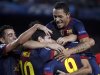 Barcelona's Messi is congratulated by team mates after scoring his second goal against Spartak Moscow during their Champions League Group G soccer match in Barcelona