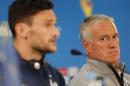 France's Hugo Lloris, left, and head coach Didier Deschamps, right, attend a press conference at the Estadio Beira-Rio in Porto Alegre, Brazil, Saturday, June 14, 2014. France will play in group E of the World Cup. (AP Photo/David Vincent)