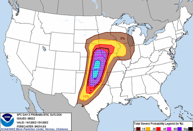 This graphic provided Friday, April 13, 2012, by NOAA's Storm Prediction Center shows a high risk of severe weather in portions of Kansas and Oklahoma on Saturday, April 14. According to forecasters, 