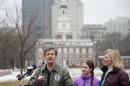 Former Democratic congressman Joe Sestak, accompanied by his daughter Alex and wife Susan, speaks during a news conference in front of Independence Hall Wednesday, March 4, 2015, in Philadelphia. Sestak is planning to walk across the state to kick off his campaign to capture the U.S. Senate seat occupied by Republican Pat Toomey. (AP Photo/Matt Rourke)