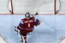 Russia's Varlamov reacts after conceeding a goal to Finland during their 2013 IIHF Ice Hockey World Championship preliminary round match at the Hartwall Arena in Helsinki