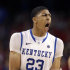Kentucky forward Anthony Davis (23) reacts during the second half of an NCAA Final Four semifinal college basketball tournament game against Louisville  Saturday, March 31, 2012, in New Orleans. Kentucky won 69-61.  (AP Photo/David J. Phillip)