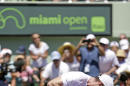 Andy Murray, of Great Britain, celebrates after defeating Tomas Berdych, of the Czech Republic, 6-4, 6-4, at the Miami Open tennis tournament, Friday, April 3, 2015, in Key Biscayne, Fla. (AP Photo/Alan Diaz)