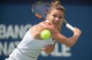 Simona Halep of Romania hits a return during her Rogers Cup semi-final victory over Angelique Kerber of Germany in Montreal, Quebec, July 30, 2016