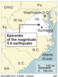 UPDATES magnitude; Map locates the epicenter of an earthquake in Virginia