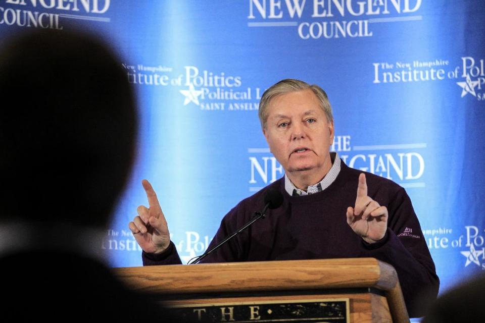 Keynote speaker U.S. Sen. Lindsey Graham of South Carolina takes questions after speaking at the political speech series “Politics & Eggs” in Bedford,...