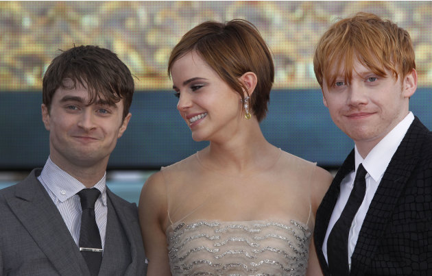 British actors, left to right, Daniel Radcliffe, Emma Watson and Rupert Grint, Trafalgar Square, in central London, for the World Premiere of 