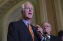 FILE - In this June 9, 2015, file photo, Senate Majority Whip John Cornyn of Texas, speaks next to Senate Majority Leader Mitch McConnell of Ky. during a news conference on Capitol Hill in Washington. Congress' mid-summer to-do list may take until Christmas to clear. "We're going to leave that fight 'til September, October, November, December," Cornyn, told reporters last week, referring to spending issues and raising the prospect of Christmas in the Capitol.(AP Photo/Molly Riley, File)