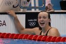 Winner Katie Ledecky of the U.S. celebrates after the women's 800m freestyle final during the London 2012 Olympic Games at the Aquatics Centre