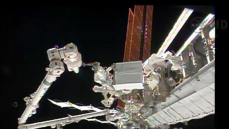 A NASA TV still image shows the International Space Station during an spacewalk by NASA astronauts Rick Mastracchio and Mike Hopkins on December 22, 2013