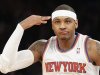 New York Knicks forward Carmelo Anthony gestures after hitting a three-pointer against the Los Angeles Lakers in the first quarter of their NBA basketball game in New York