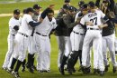 The Detroit Tigers celebrate after defeating the New York Yankees in Game 4 of their MLB ALCS baseball playoff series and advancing to the World Series, in Detroit