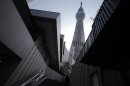 The Tokyo Sky Tree soars in Tokyo Tuesday, April 17, 2012. The world's tallest freestanding broadcast structure that stands 634-meter (2,080 feet) will open to the public in May. (AP Photo/Itsuo Inouye)