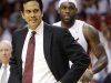 Miami Heat head coach Erik Spoelstra and Miami Heat small forward LeBron James (6) move on the court during the first half of Game 7 in their NBA basketball Eastern Conference finals playoff series against the Indiana Pacers, Monday, June 3, 2013 in Miami. (AP Photo/Lynne Sladky)