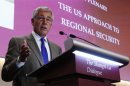 U.S. Defense Secretary Hagel speaks during first plenary session of the IISS Asia Security Summit in Singapore