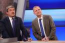 Leif-Erik Holm (R), top candidate of the populists AfD and Lorenz Caffier, top candidate of the Christian Democratic Union for Mecklenburg-Western Vorpommern attend a post-election TV debate on September 4, 2016 in Schwerin, north-eastern Germany