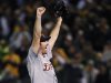 Detroit Tigers' Verlander celebrates after they defeated the Oakland Athletics during Game 5 in their MLB ALDS playoff baseball series in Oakland